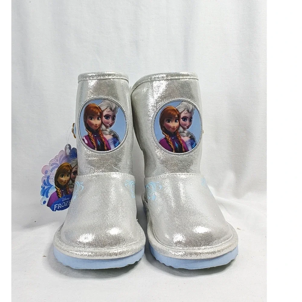 Disney Frozen Boots Silver Anna Elsa Faux Fur Metallic Snowflake Toddler 10 New